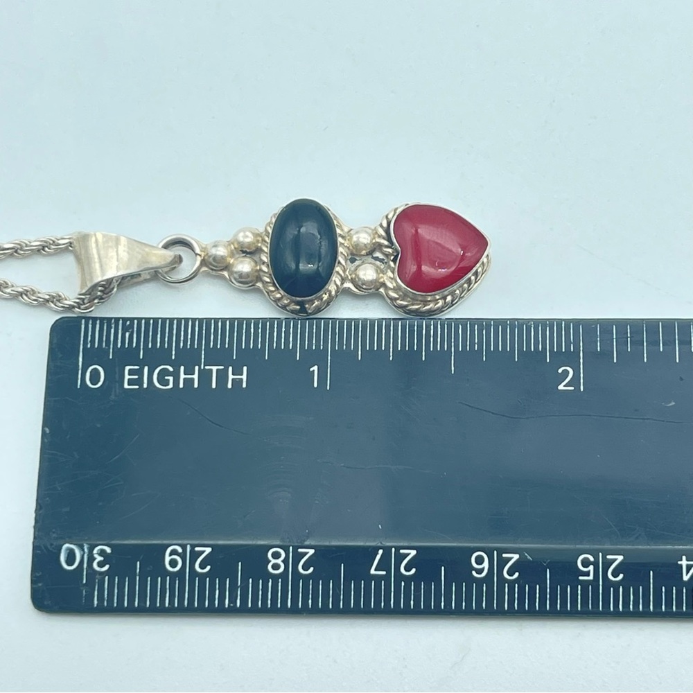 Sterling Silver Heart Pendant Necklace Red & Black Inlay Stone Rope Twist Chain - Picture 15 of 17